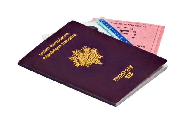 French passport and ID cards stacked on a transparent background.