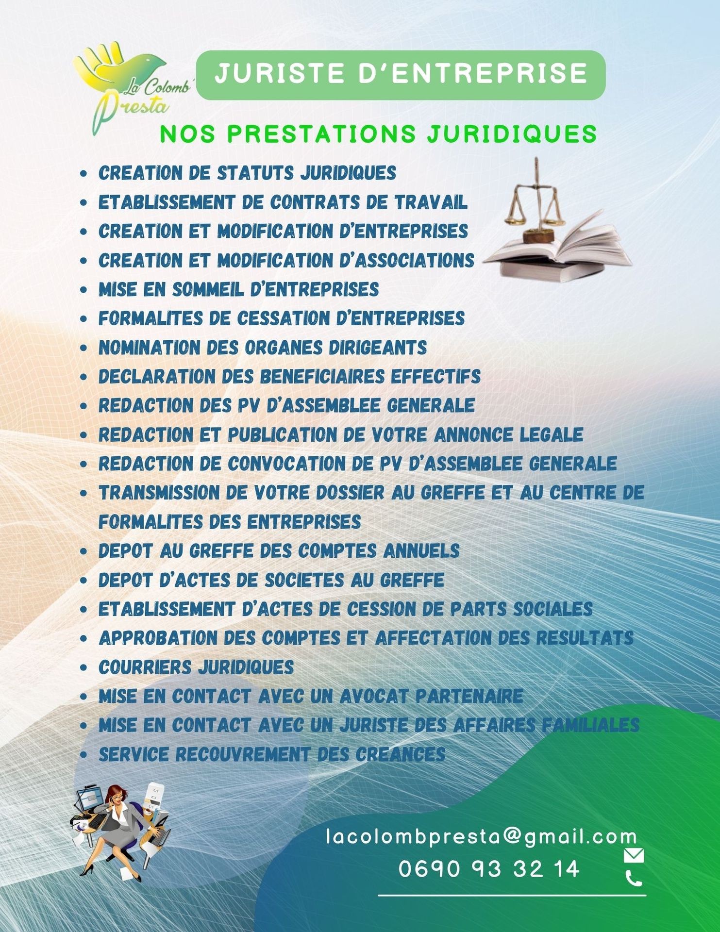 Legal services list in French with scales and book graphic, contact details at bottom.