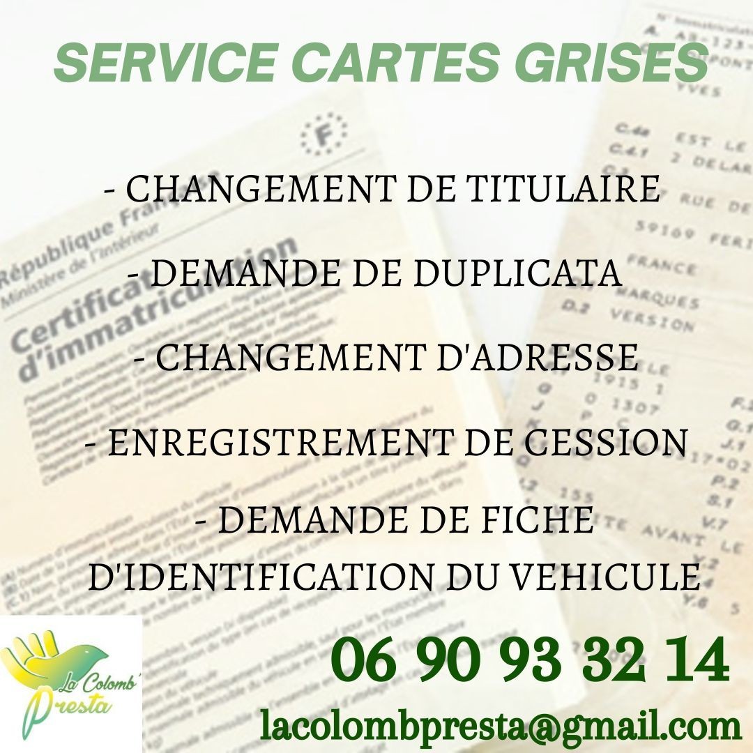 Gray card service ad in French, listing various car registration document services with contact info.